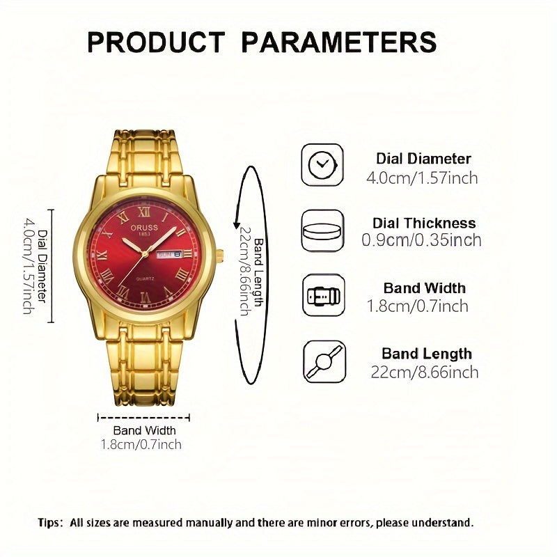 ORUSS Luxury Men's Watch - Elegant Golden-Tone with Red Dial, Durable Alloy Bracelet, Dual Calendar & Date Display, Business & Formal Wristwatch