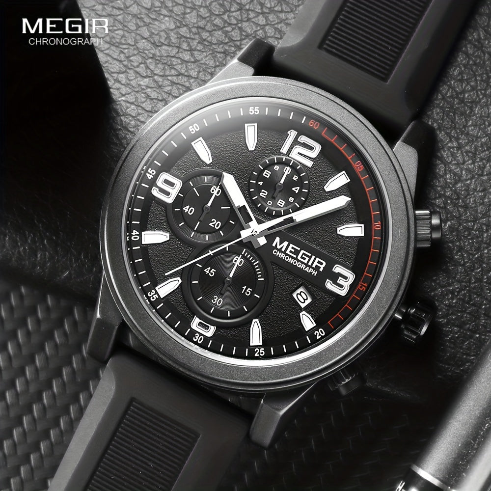 MEGIR Men's Gray Fashion Watch - Analog Chronograph Quartz Wristwatch with Auto Date, Luminous Hands, and Soft Silicone Strap