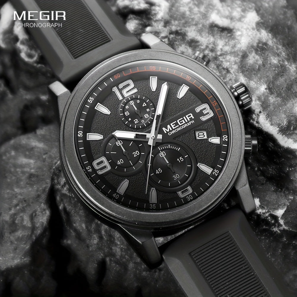 MEGIR Men's Gray Fashion Watch - Analog Chronograph Quartz Wristwatch with Auto Date, Luminous Hands, and Soft Silicone Strap