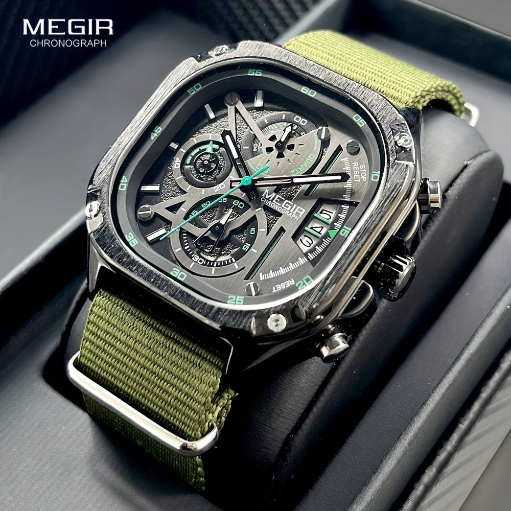 MEGIR Black Quartz Watch Men Square Dial Wristwatch with Chronograph Stainless Steel Strap Luminous Hands Auto Date