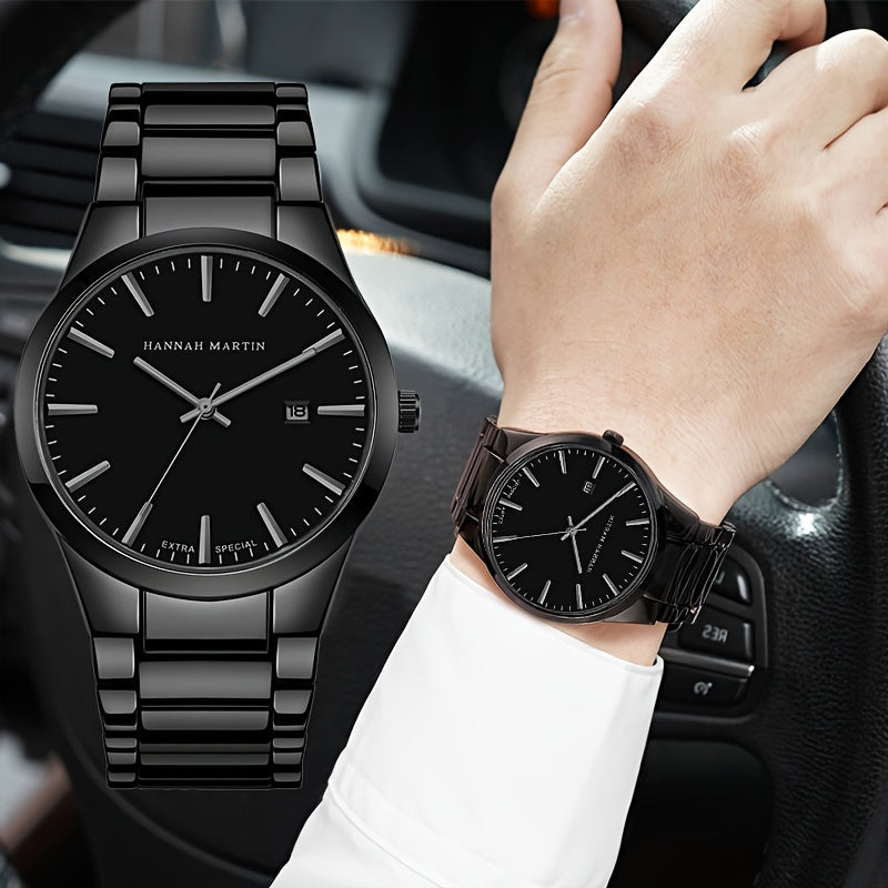 1pc Stylish Hannah Martin Black Stainless Steel Men's Fashion Watch - 3ATM Water Resistant Quartz Wristwatch with Precise Timekeeping and Elegant Design - Perfect for Daily Wear and Formal Occasions