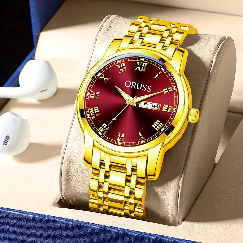 ORUSS Luxury Men's Watch - Elegant Golden-Tone with Red Dial, Durable Alloy Bracelet, Dual Calendar & Date Display, Business & Formal Wristwatch