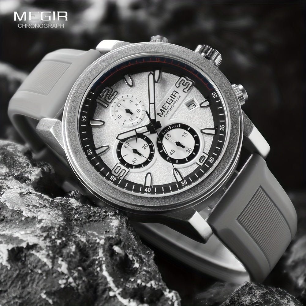 MEGIR Men's Gray Fashion Watch - Analog Chronograph Quartz Wristwatch with Auto Date, Luminous Hands, and Soft Silicone Strap
