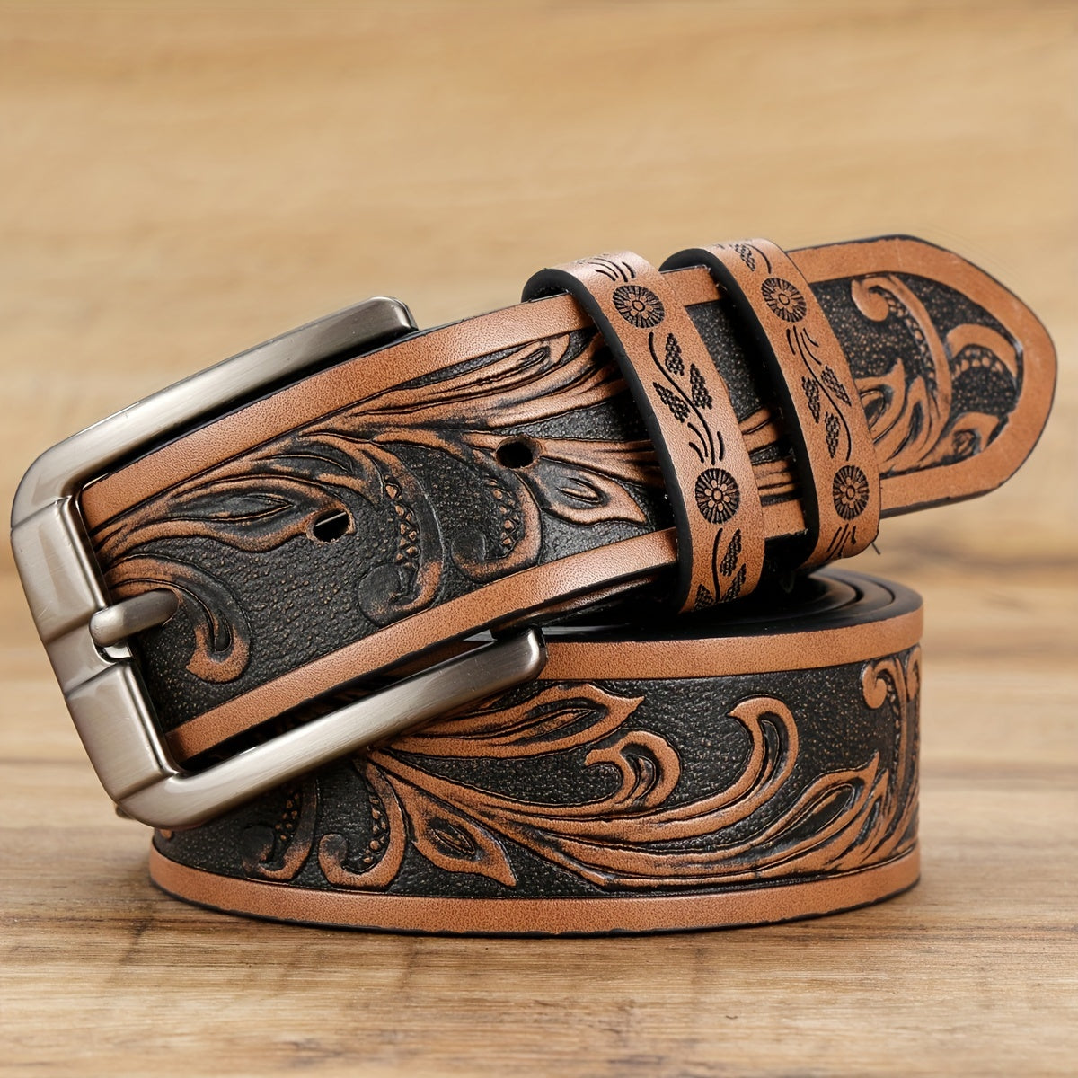 Men's Stylish Brown Embossed Casual Belt with Square Alloy Buckle - HFL·KANGAROO