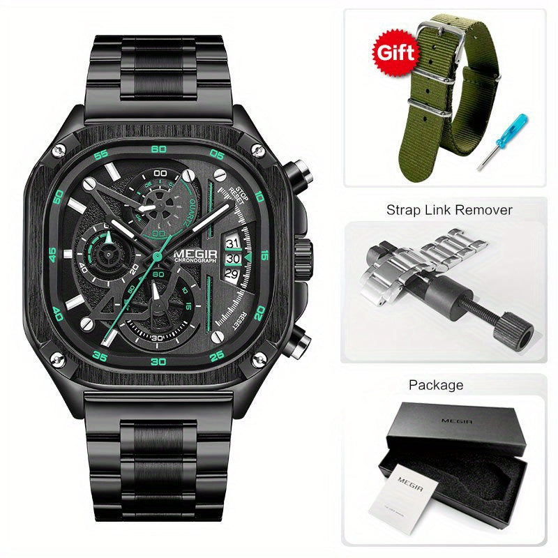 MEGIR Black Quartz Watch Men Square Dial Wristwatch with Chronograph Stainless Steel Strap Luminous Hands Auto Date