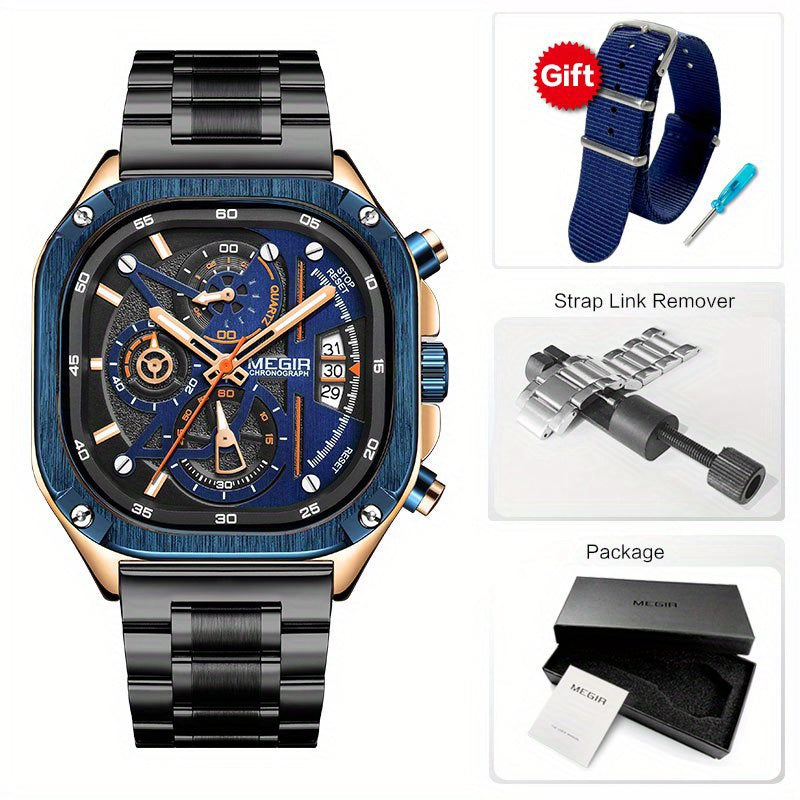MEGIR Black Quartz Watch Men Square Dial Wristwatch with Chronograph Stainless Steel Strap Luminous Hands Auto Date