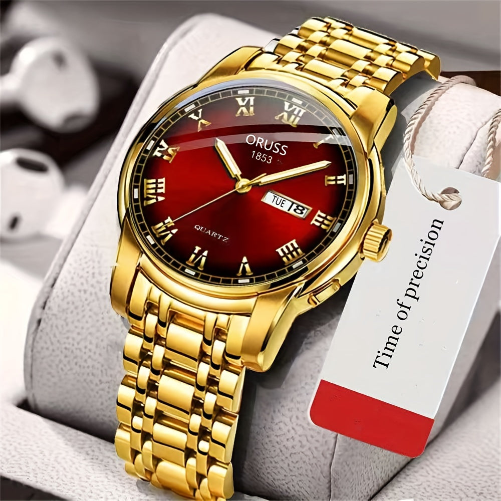 ORUSS Luxury Men's Watch - Elegant Golden-Tone with Red Dial, Durable Alloy Bracelet, Dual Calendar & Date Display, Business & Formal Wristwatch