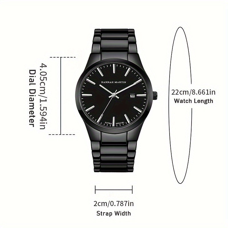 1pc Stylish Hannah Martin Black Stainless Steel Men's Fashion Watch - 3ATM Water Resistant Quartz Wristwatch with Precise Timekeeping and Elegant Design - Perfect for Daily Wear and Formal Occasions
