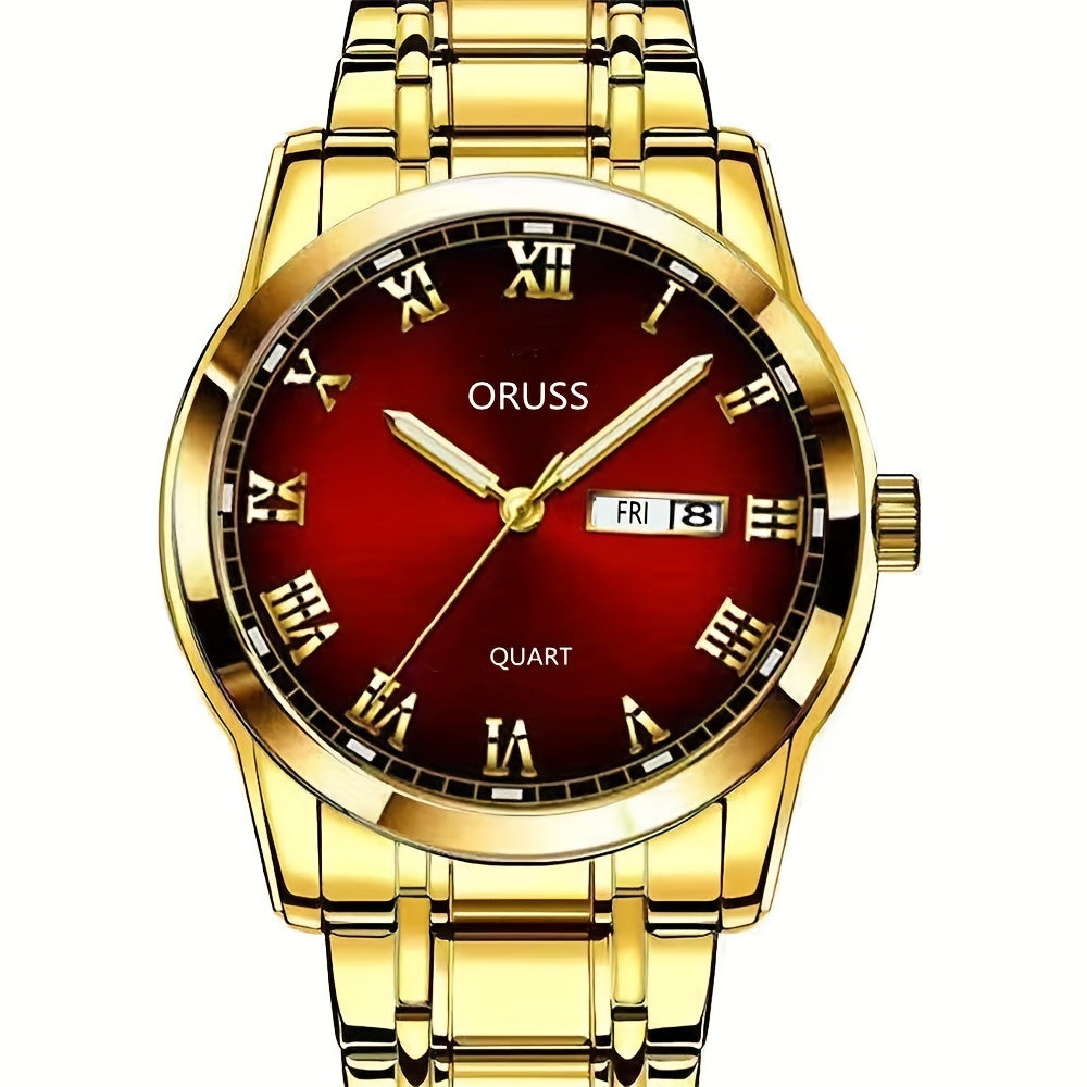 ORUSS Luxury Men's Watch - Elegant Golden-Tone with Red Dial, Durable Alloy Bracelet, Dual Calendar & Date Display, Business & Formal Wristwatch