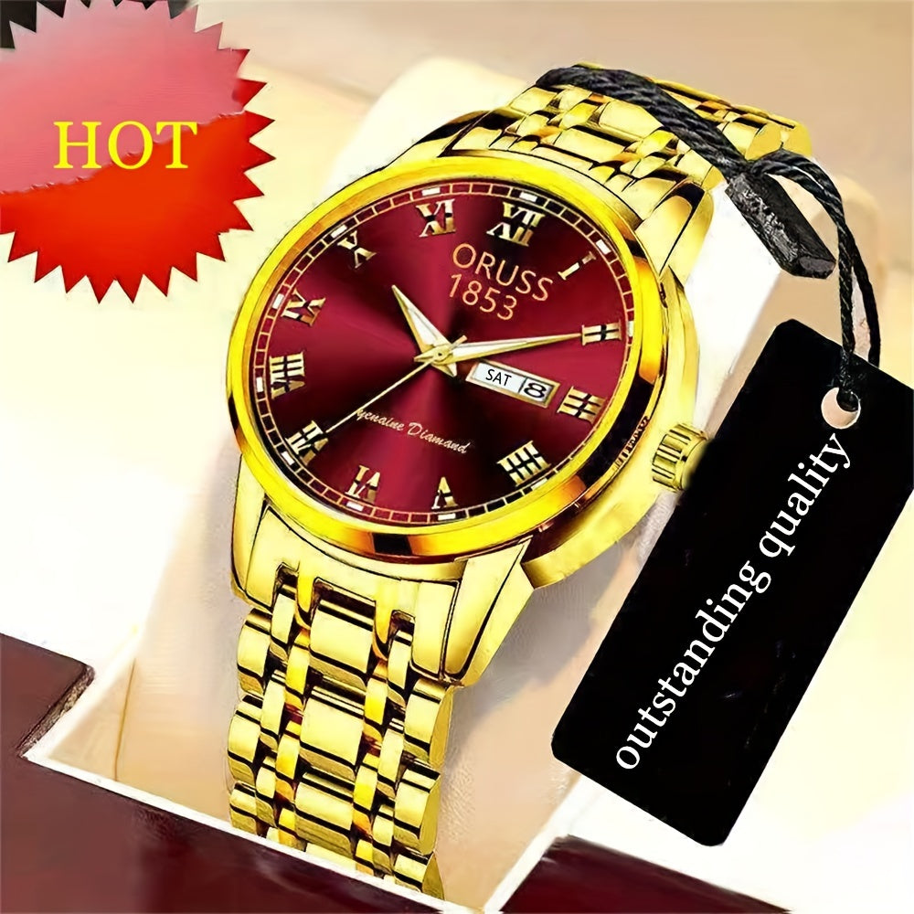 ORUSS Luxury Men's Watch - Elegant Golden-Tone with Red Dial, Durable Alloy Bracelet, Dual Calendar & Date Display, Business & Formal Wristwatch