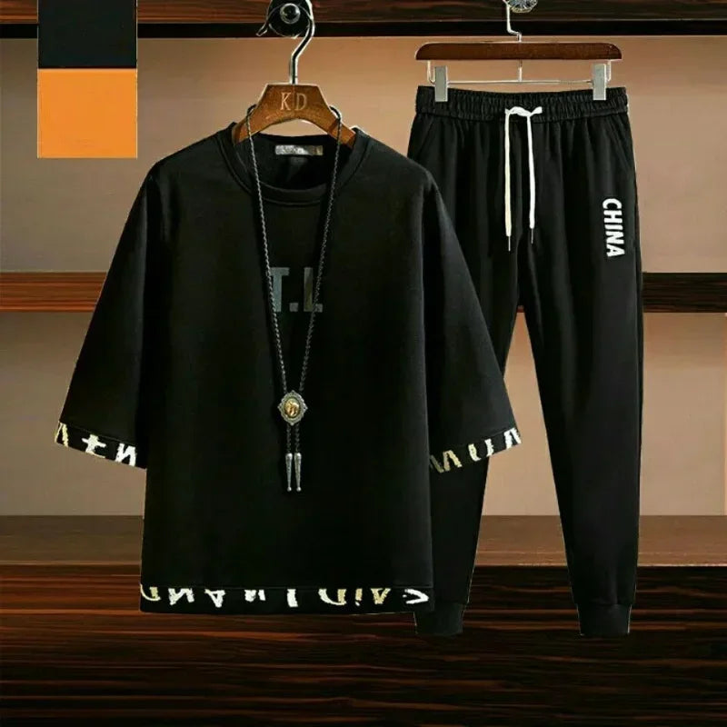 Pants Sets Kpop Chic Clothes for Men Top Slim Fit Casual Stretch Basic Cool Male T Shirt Summer Sweatshirt Sportswear 2025 Trend