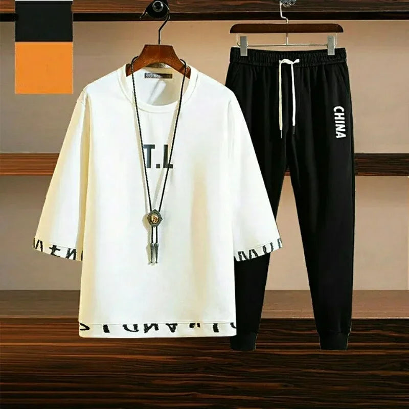 Pants Sets Kpop Chic Clothes for Men Top Slim Fit Casual Stretch Basic Cool Male T Shirt Summer Sweatshirt Sportswear 2025 Trend