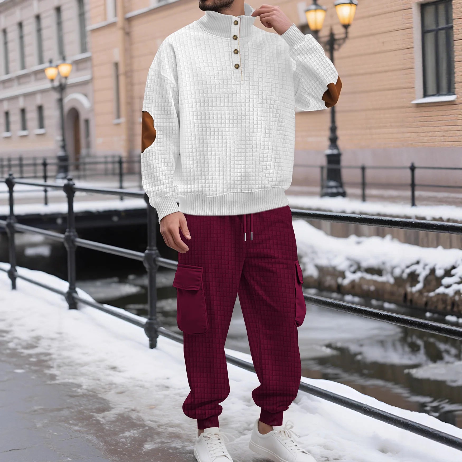 Casual Knitted Plaid irt And Pants Set with Button Sports Busin Pattern for Men All Seasons Long Sve Polyester Blend