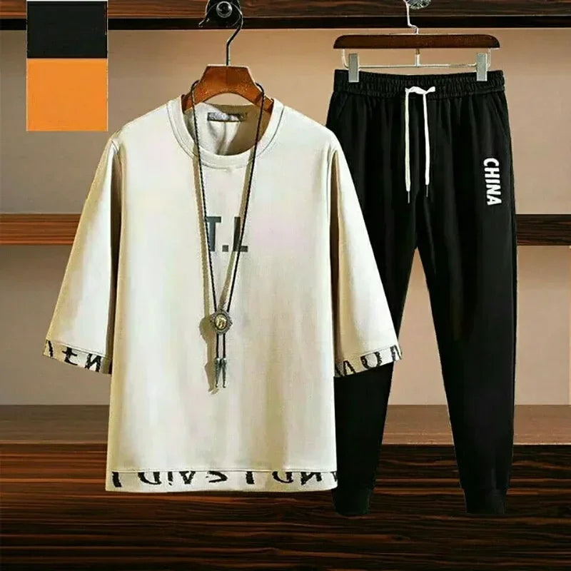 Pants Sets Kpop Chic Clothes for Men Top Slim Fit Casual Stretch Basic Cool Male T Shirt Summer Sweatshirt Sportswear 2025 Trend