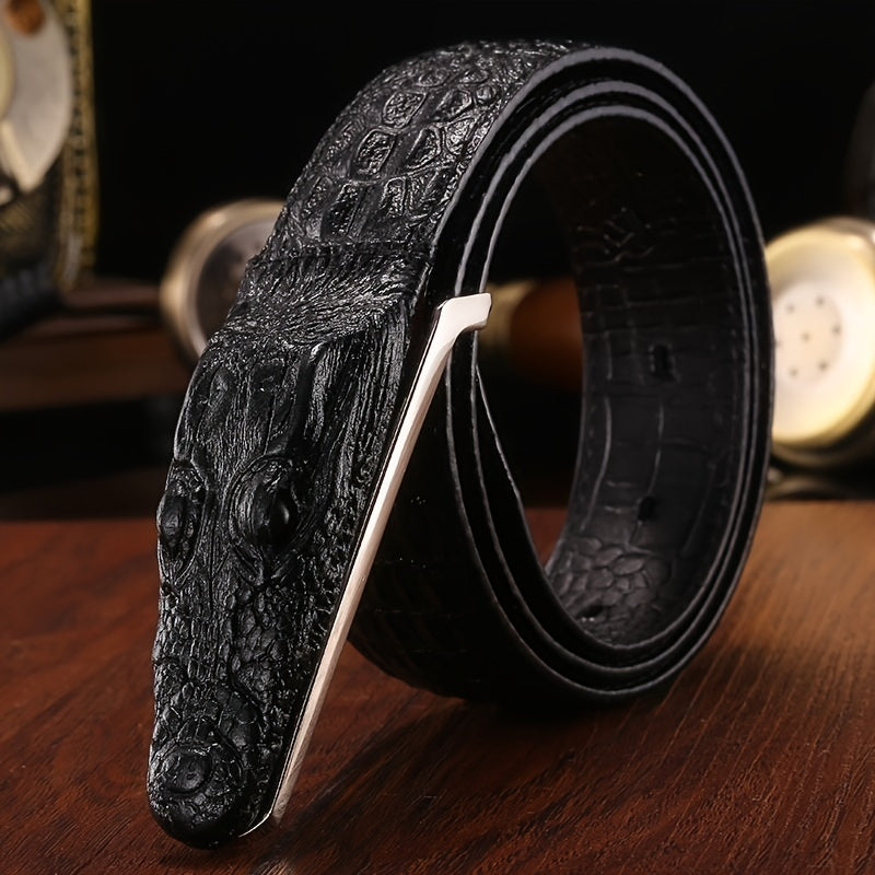 1pc Crocodile Head Belt Men's Leather Cowhide Crocodile Pattern Belt Casual Personality New Smooth Buckle Trouser Belt For Social Youth, Ideal choice for Gifts