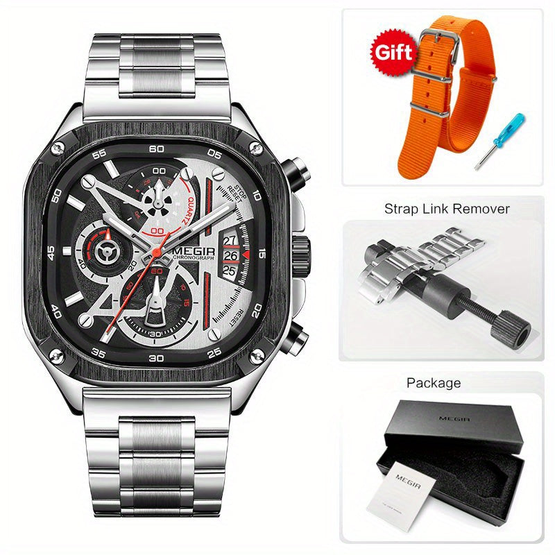 MEGIR Black Quartz Watch Men Square Dial Wristwatch with Chronograph Stainless Steel Strap Luminous Hands Auto Date