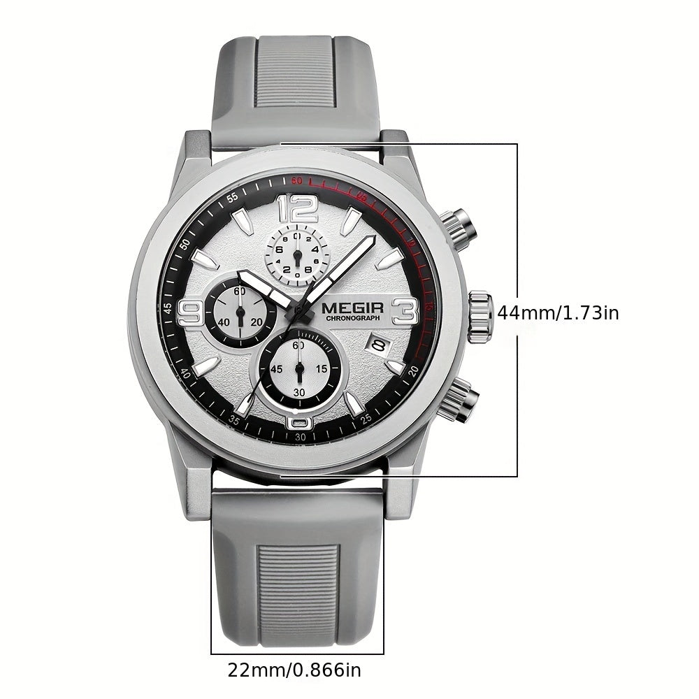 MEGIR Men's Gray Fashion Watch - Analog Chronograph Quartz Wristwatch with Auto Date, Luminous Hands, and Soft Silicone Strap
