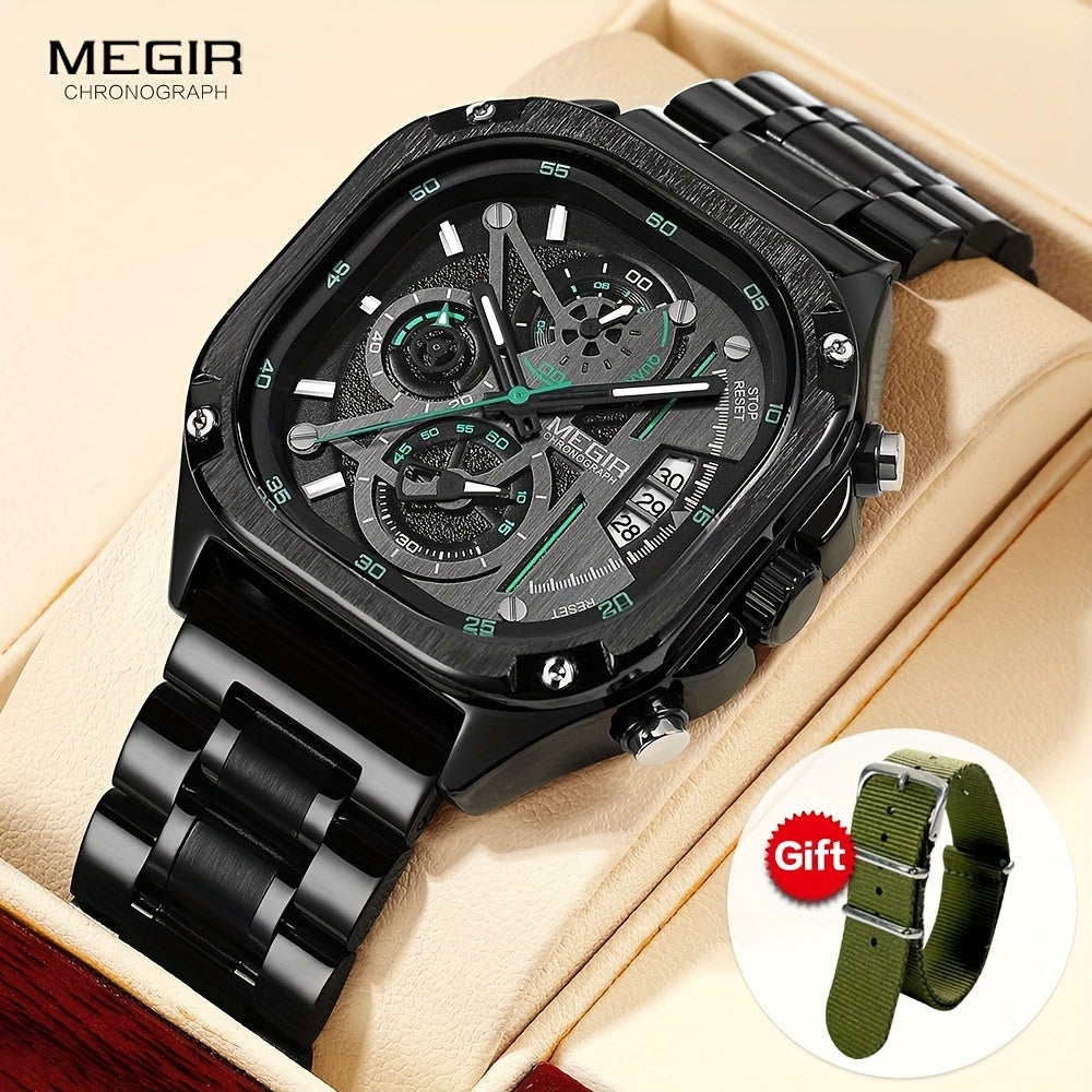 MEGIR Black Quartz Watch Men Square Dial Wristwatch with Chronograph Stainless Steel Strap Luminous Hands Auto Date