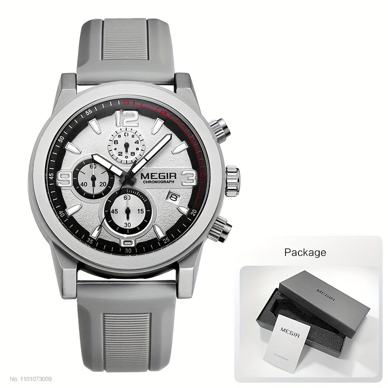 MEGIR Men's Gray Fashion Watch - Analog Chronograph Quartz Wristwatch with Auto Date, Luminous Hands, and Soft Silicone Strap