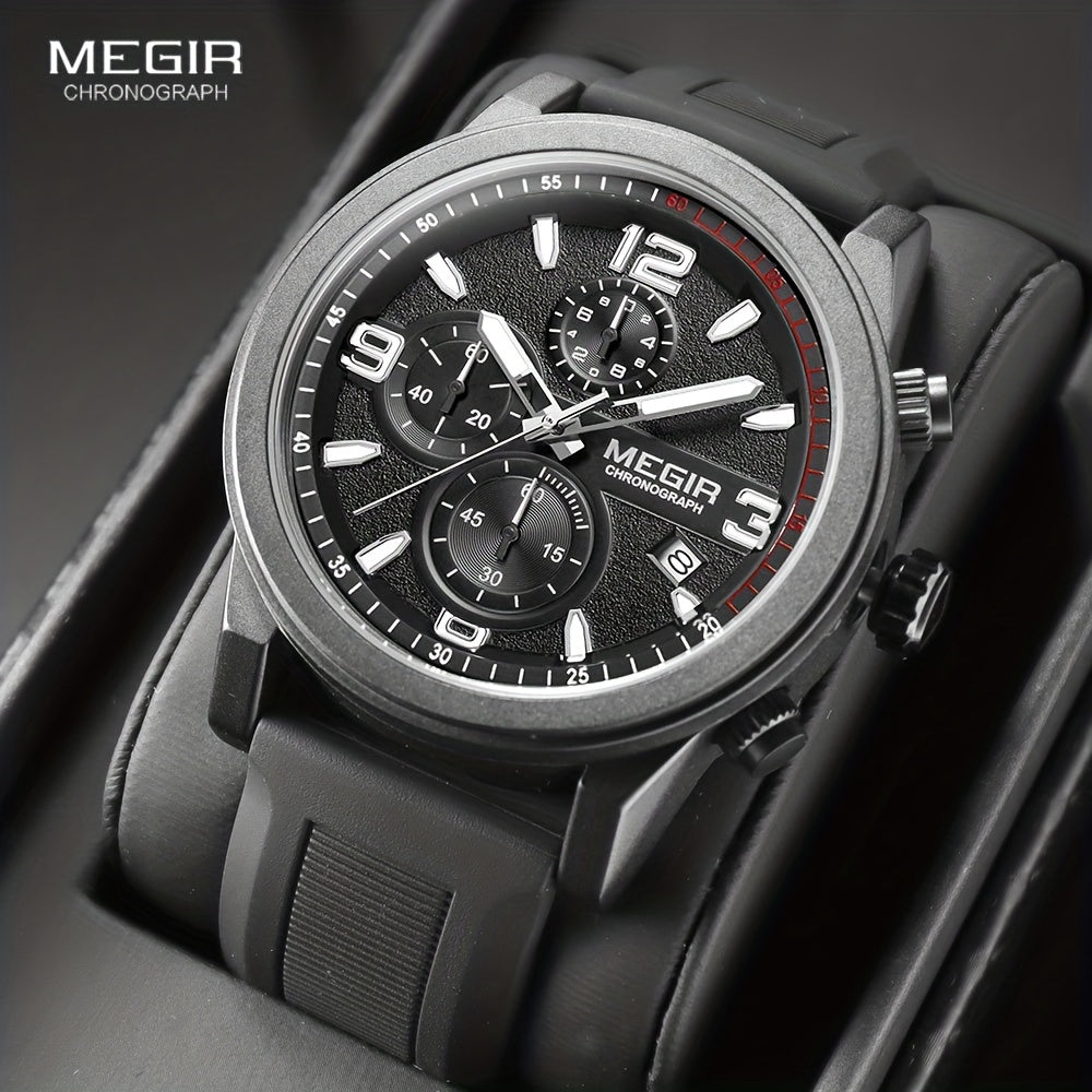 MEGIR Men's Gray Fashion Watch - Analog Chronograph Quartz Wristwatch with Auto Date, Luminous Hands, and Soft Silicone Strap