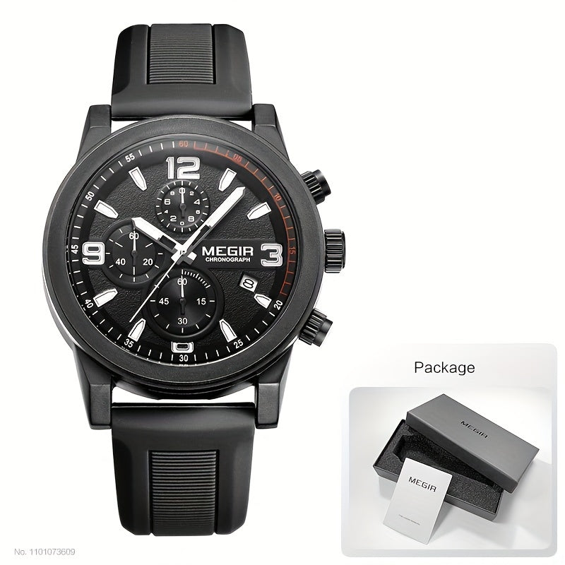 MEGIR Men's Gray Fashion Watch - Analog Chronograph Quartz Wristwatch with Auto Date, Luminous Hands, and Soft Silicone Strap