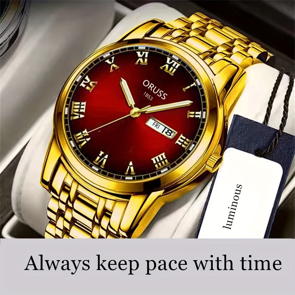 ORUSS Luxury Men's Watch - Elegant Golden-Tone with Red Dial, Durable Alloy Bracelet, Dual Calendar & Date Display, Business & Formal Wristwatch