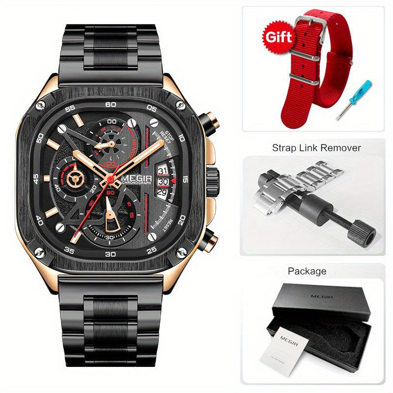 MEGIR Black Quartz Watch Men Square Dial Wristwatch with Chronograph Stainless Steel Strap Luminous Hands Auto Date