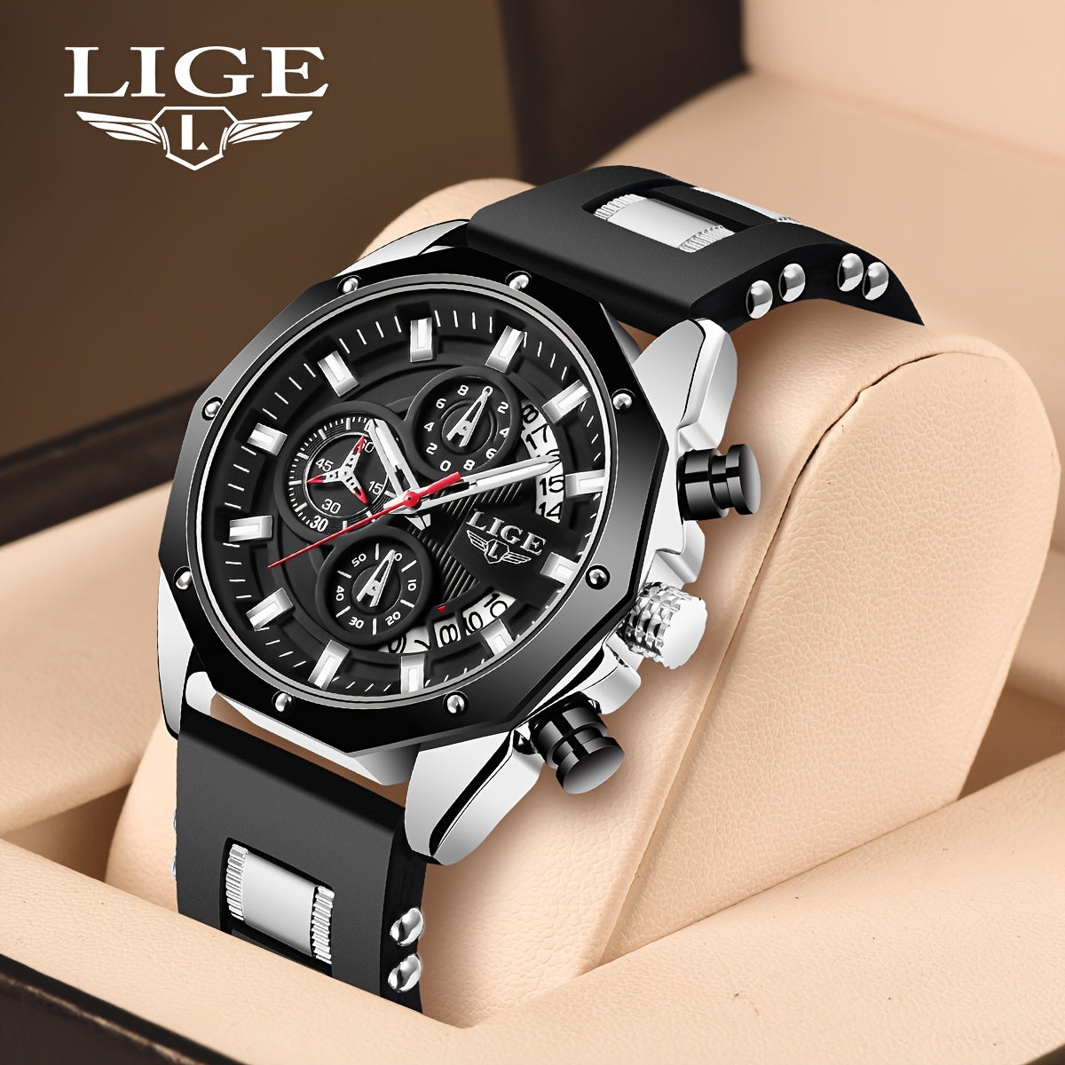 Men's Chronograph Calendar LIGE Wristwatch, Outdoor Casual Sports Quartz Watch Ideal For Gifts