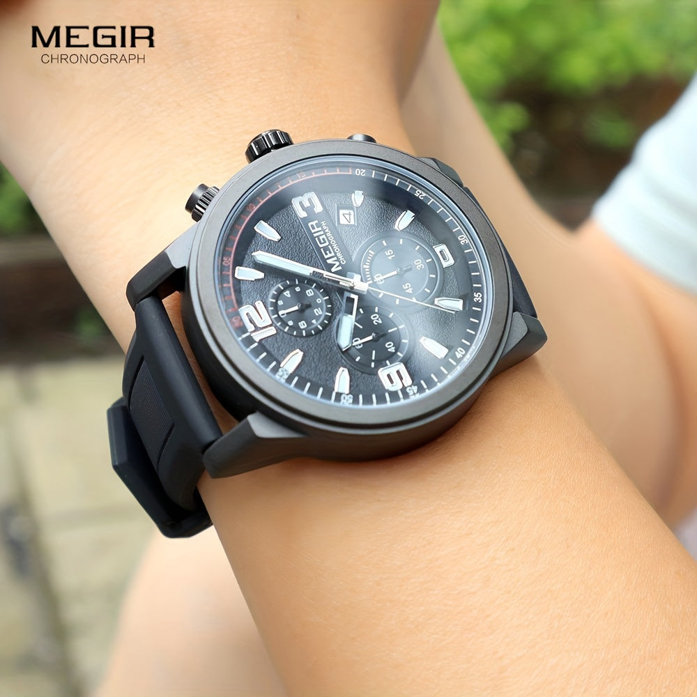 MEGIR Men's Gray Fashion Watch - Analog Chronograph Quartz Wristwatch with Auto Date, Luminous Hands, and Soft Silicone Strap