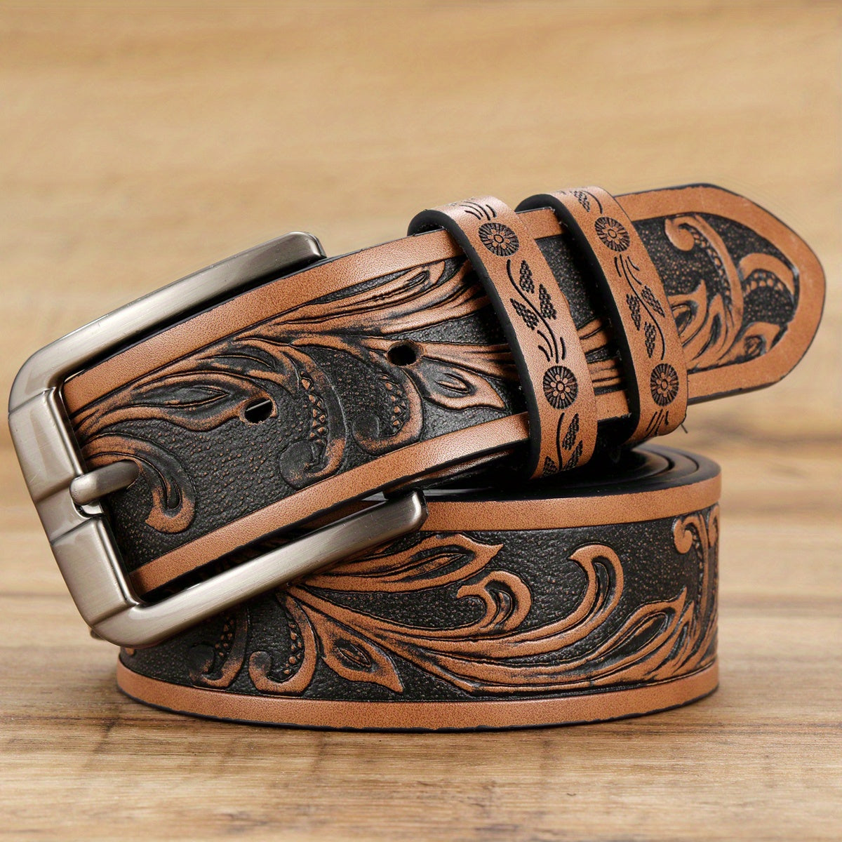 Men's Stylish Brown Embossed Casual Belt with Square Alloy Buckle - HFL·KANGAROO