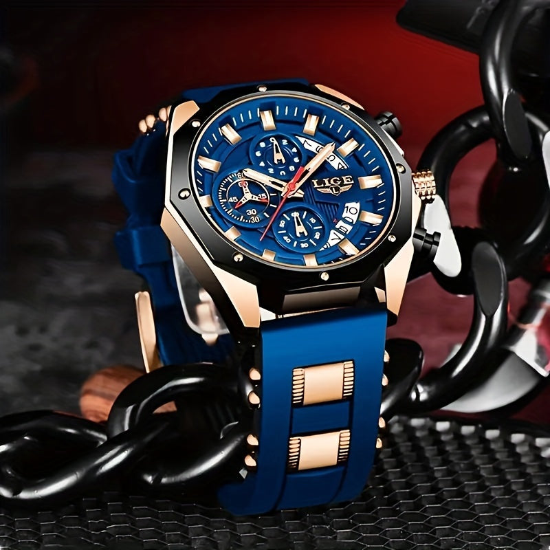 Men's Chronograph Calendar LIGE Wristwatch, Outdoor Casual Sports Quartz Watch Ideal For Gifts
