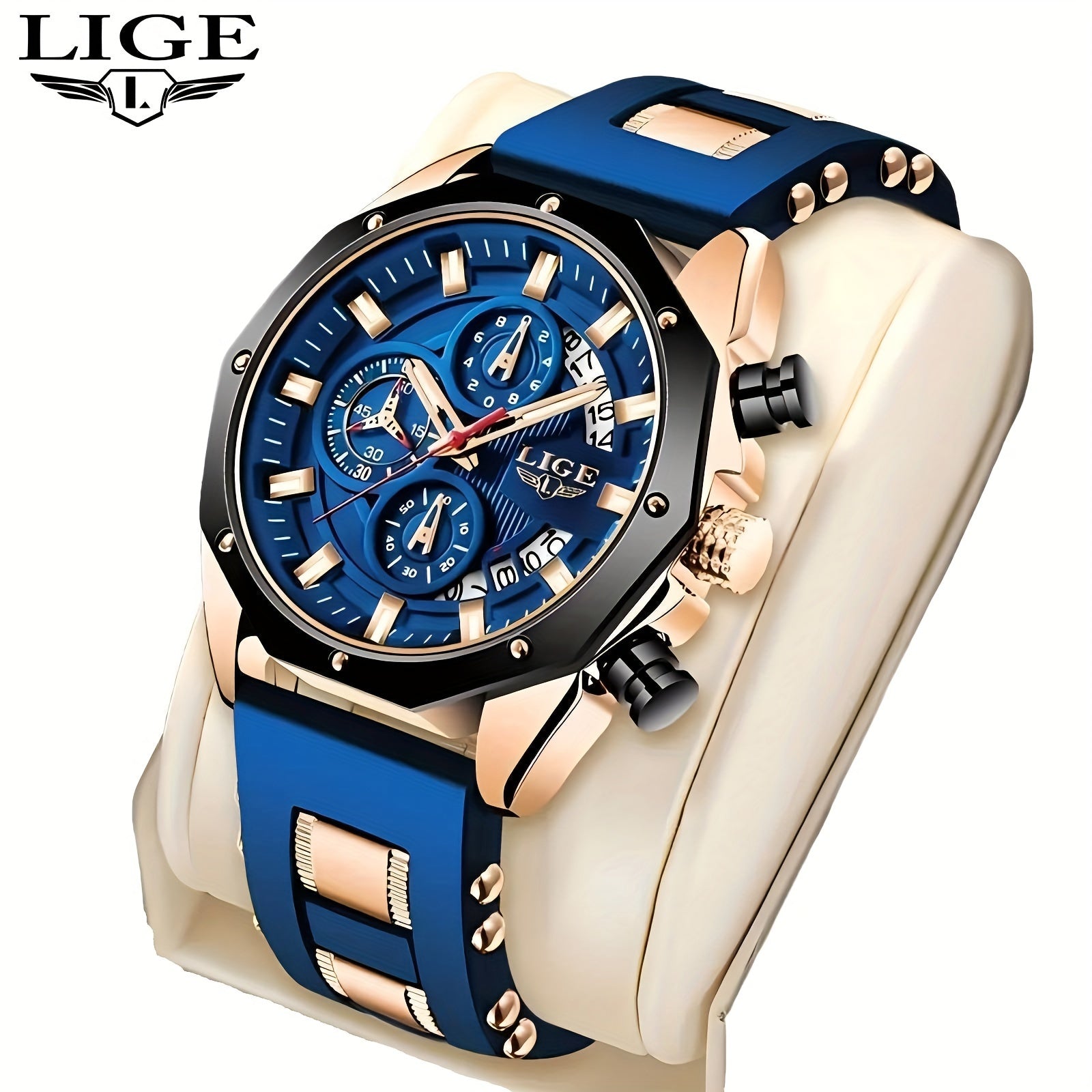 Men's Chronograph Calendar LIGE Wristwatch, Outdoor Casual Sports Quartz Watch Ideal For Gifts