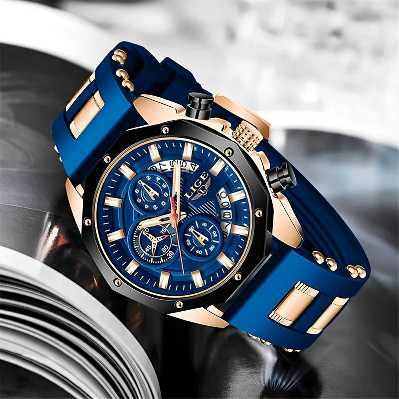Men's Chronograph Calendar LIGE Wristwatch, Outdoor Casual Sports Quartz Watch Ideal For Gifts