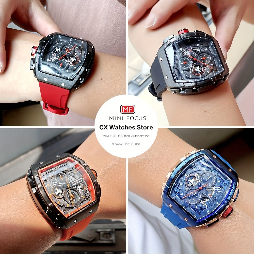 MINI FOCUS Chronograph Quartz Watch for Men Tonneau Dial Military Sport Wristwatch with Orange Silicone Strap Auto Date 0399 For King's Day