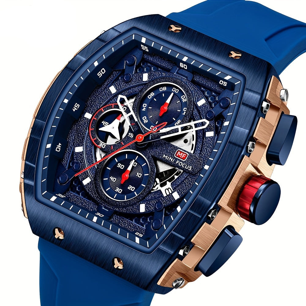 MINI FOCUS Chronograph Quartz Watch for Men Tonneau Dial Military Sport Wristwatch with Orange Silicone Strap Auto Date 0399 For King's Day