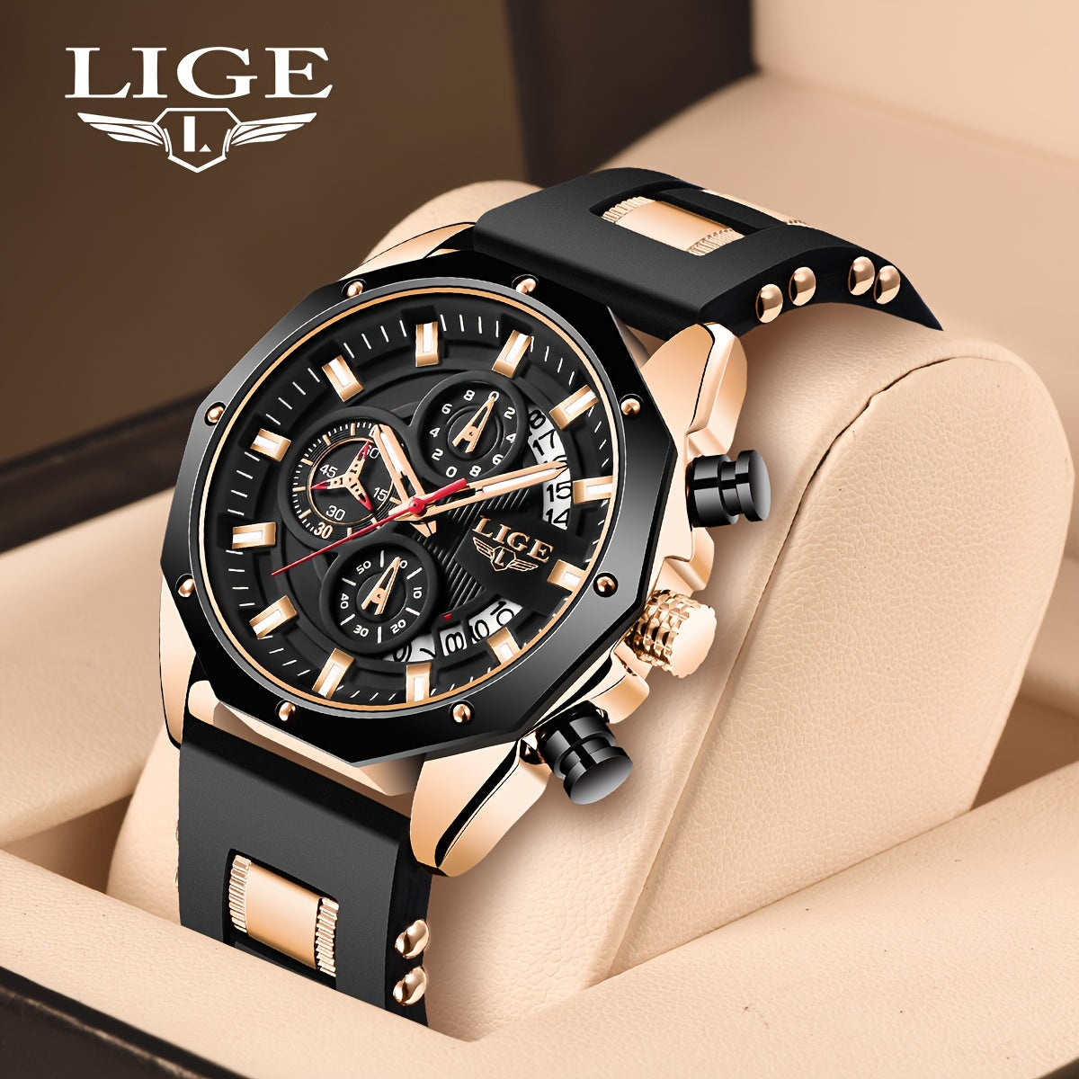 Men's Chronograph Calendar LIGE Wristwatch, Outdoor Casual Sports Quartz Watch Ideal For Gifts