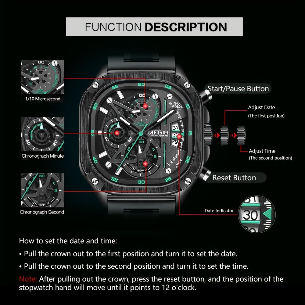 MEGIR Black Quartz Watch Men Square Dial Wristwatch with Chronograph Stainless Steel Strap Luminous Hands Auto Date