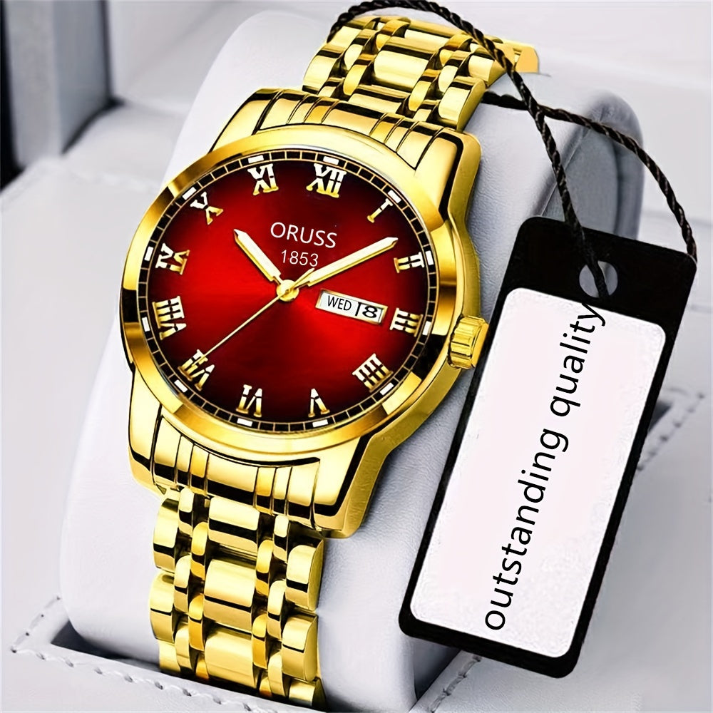 ORUSS Luxury Men's Watch - Elegant Golden-Tone with Red Dial, Durable Alloy Bracelet, Dual Calendar & Date Display, Business & Formal Wristwatch