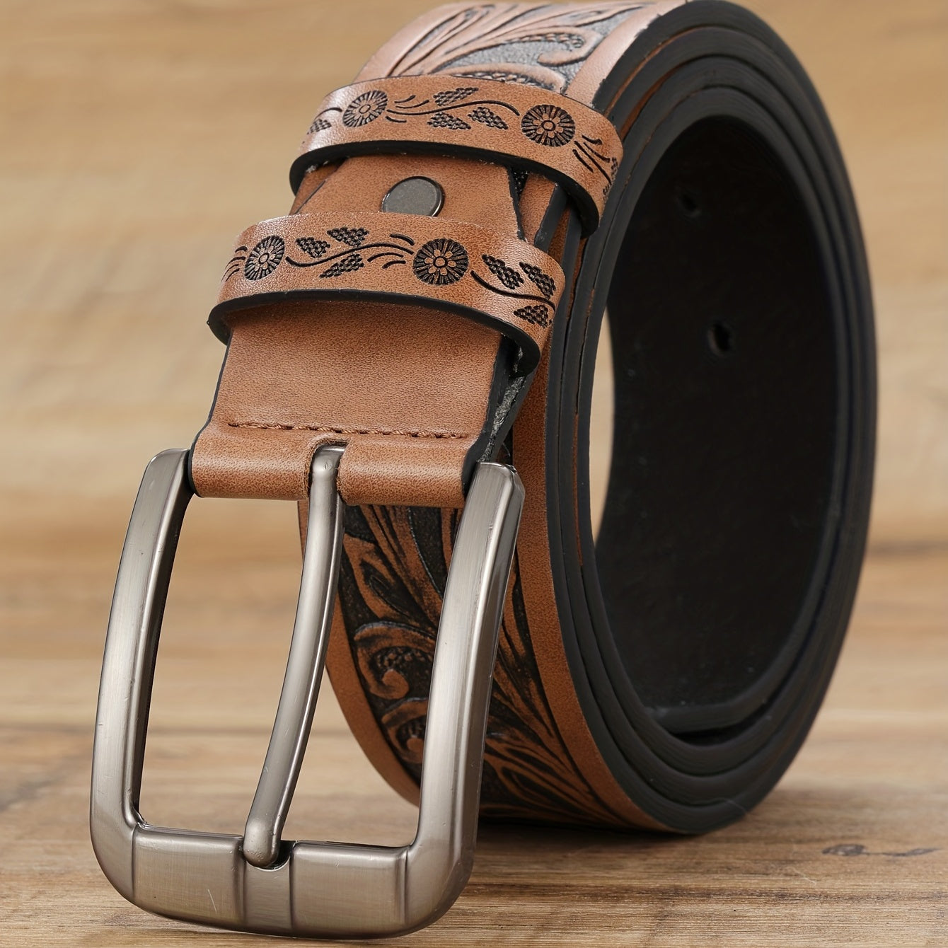 Men's Stylish Brown Embossed Casual Belt with Square Alloy Buckle - HFL·KANGAROO
