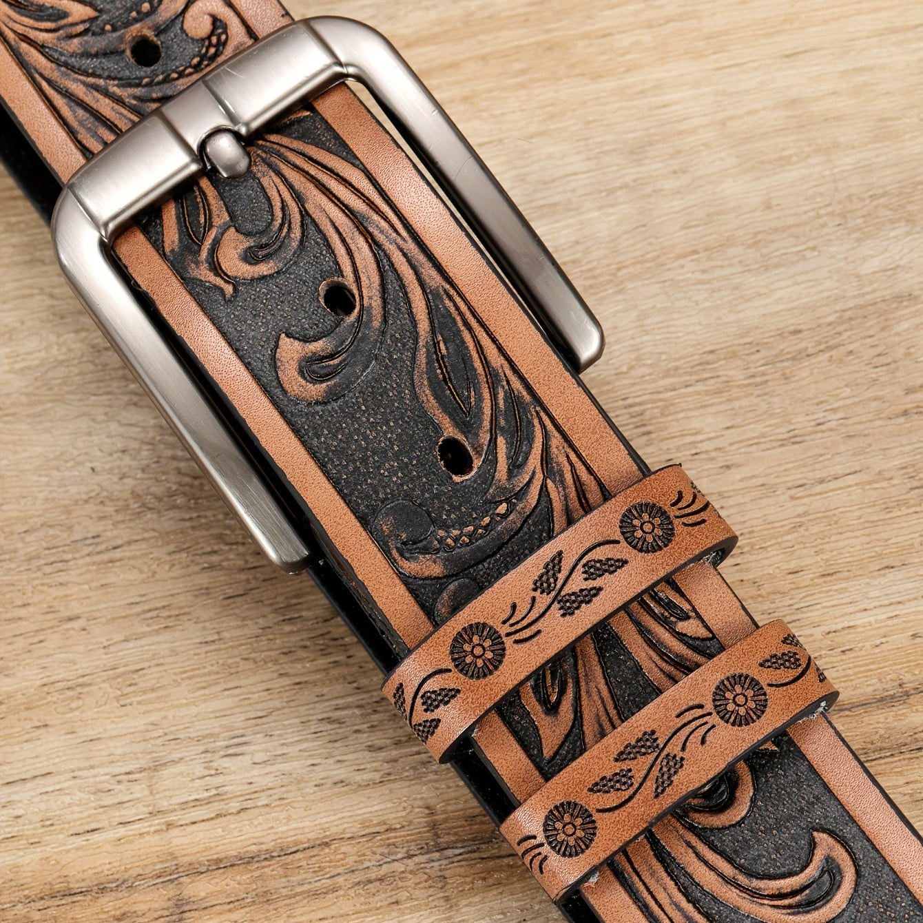 Men's Stylish Brown Embossed Casual Belt with Square Alloy Buckle - HFL·KANGAROO