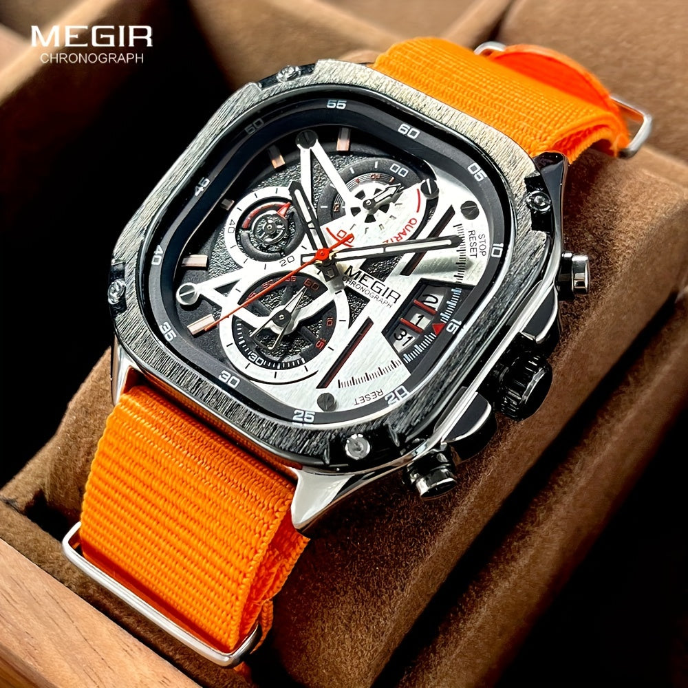 MEGIR Black Quartz Watch Men Square Dial Wristwatch with Chronograph Stainless Steel Strap Luminous Hands Auto Date