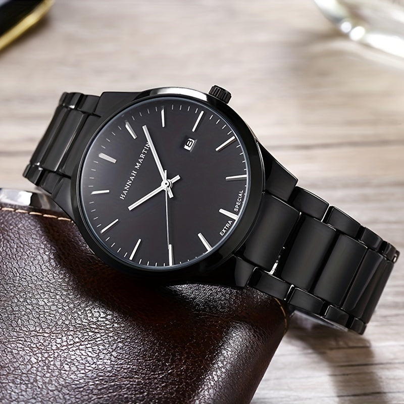 1pc Stylish Hannah Martin Black Stainless Steel Men's Fashion Watch - 3ATM Water Resistant Quartz Wristwatch with Precise Timekeeping and Elegant Design - Perfect for Daily Wear and Formal Occasions