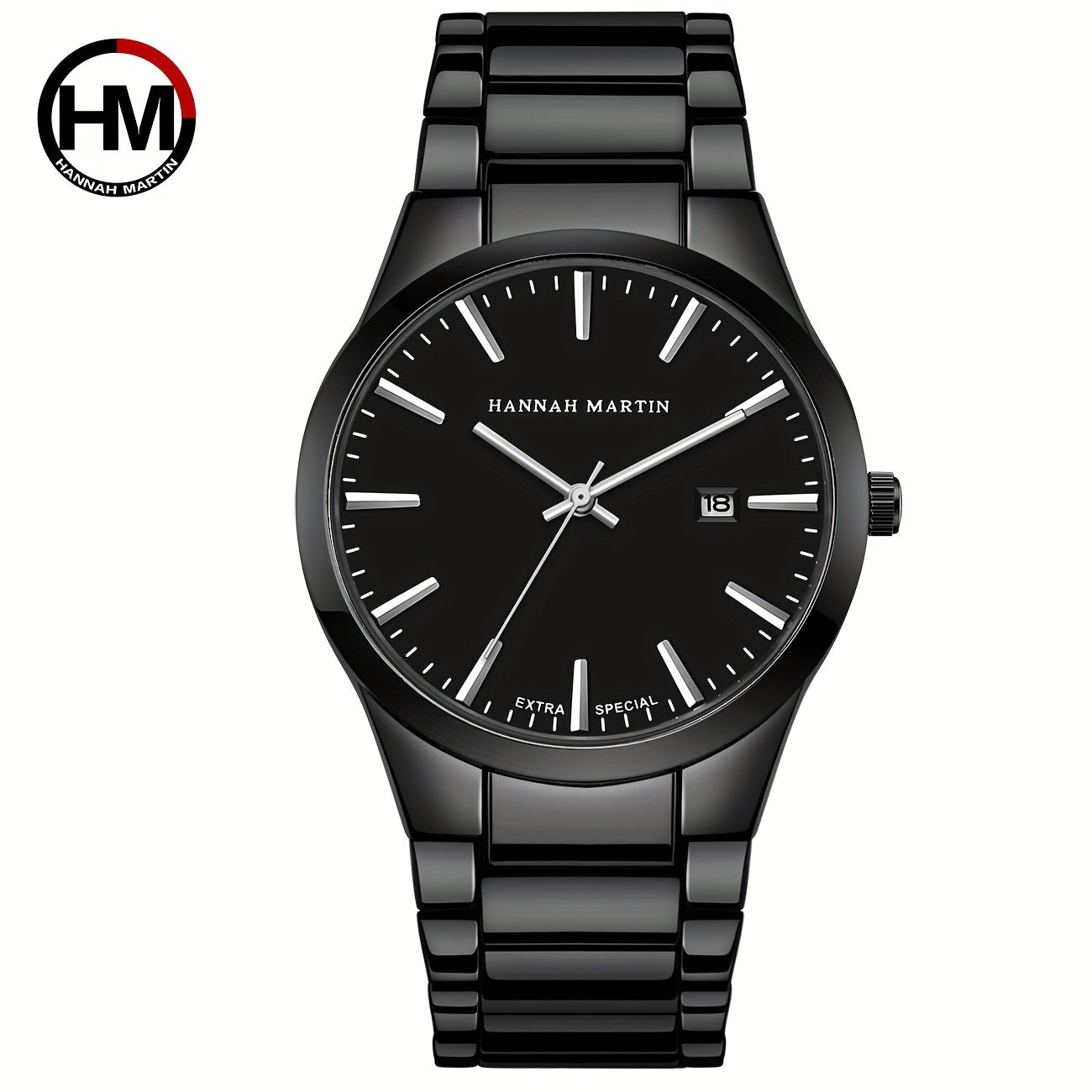 1pc Stylish Hannah Martin Black Stainless Steel Men's Fashion Watch - 3ATM Water Resistant Quartz Wristwatch with Precise Timekeeping and Elegant Design - Perfect for Daily Wear and Formal Occasions