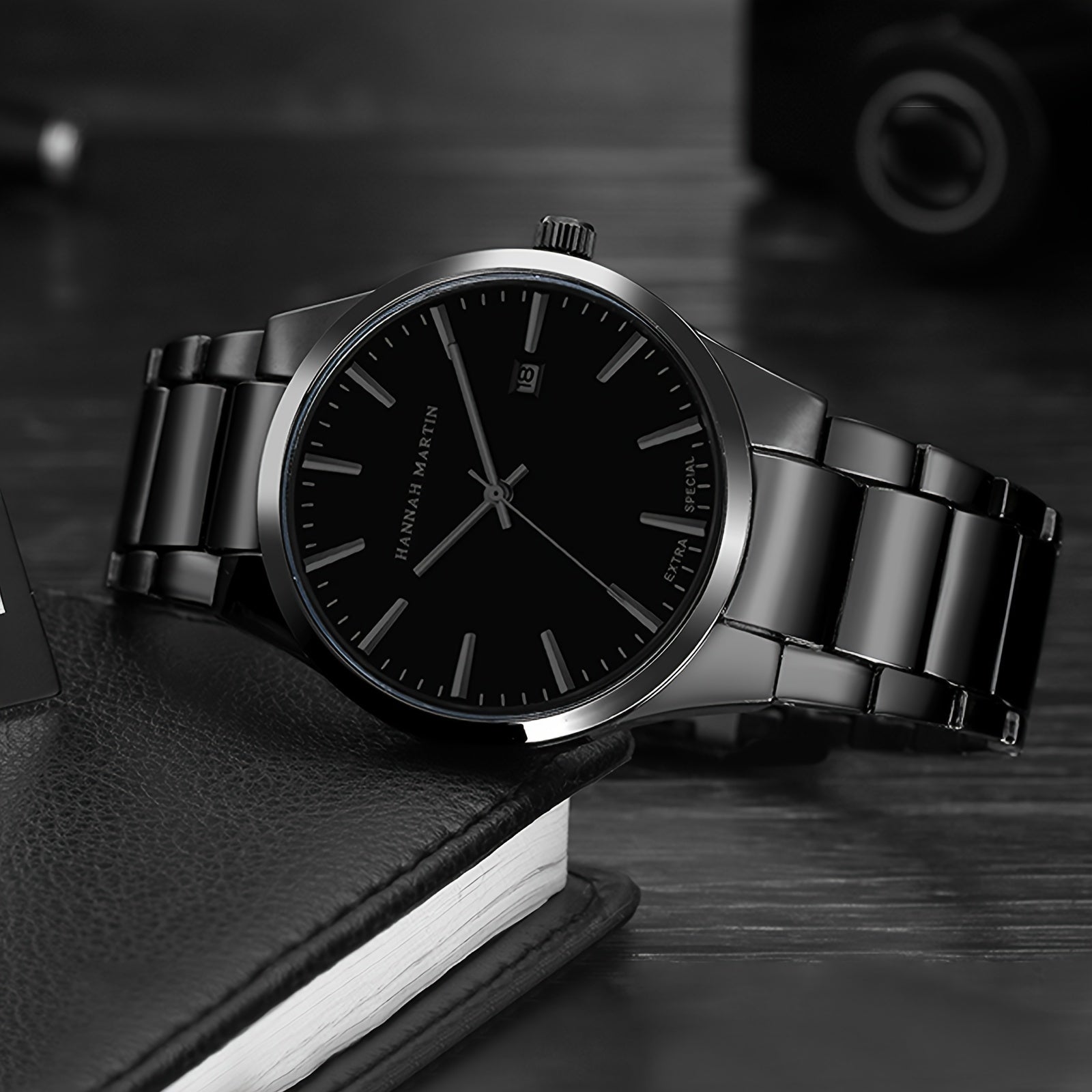 1pc Stylish Hannah Martin Black Stainless Steel Men's Fashion Watch - 3ATM Water Resistant Quartz Wristwatch with Precise Timekeeping and Elegant Design - Perfect for Daily Wear and Formal Occasions