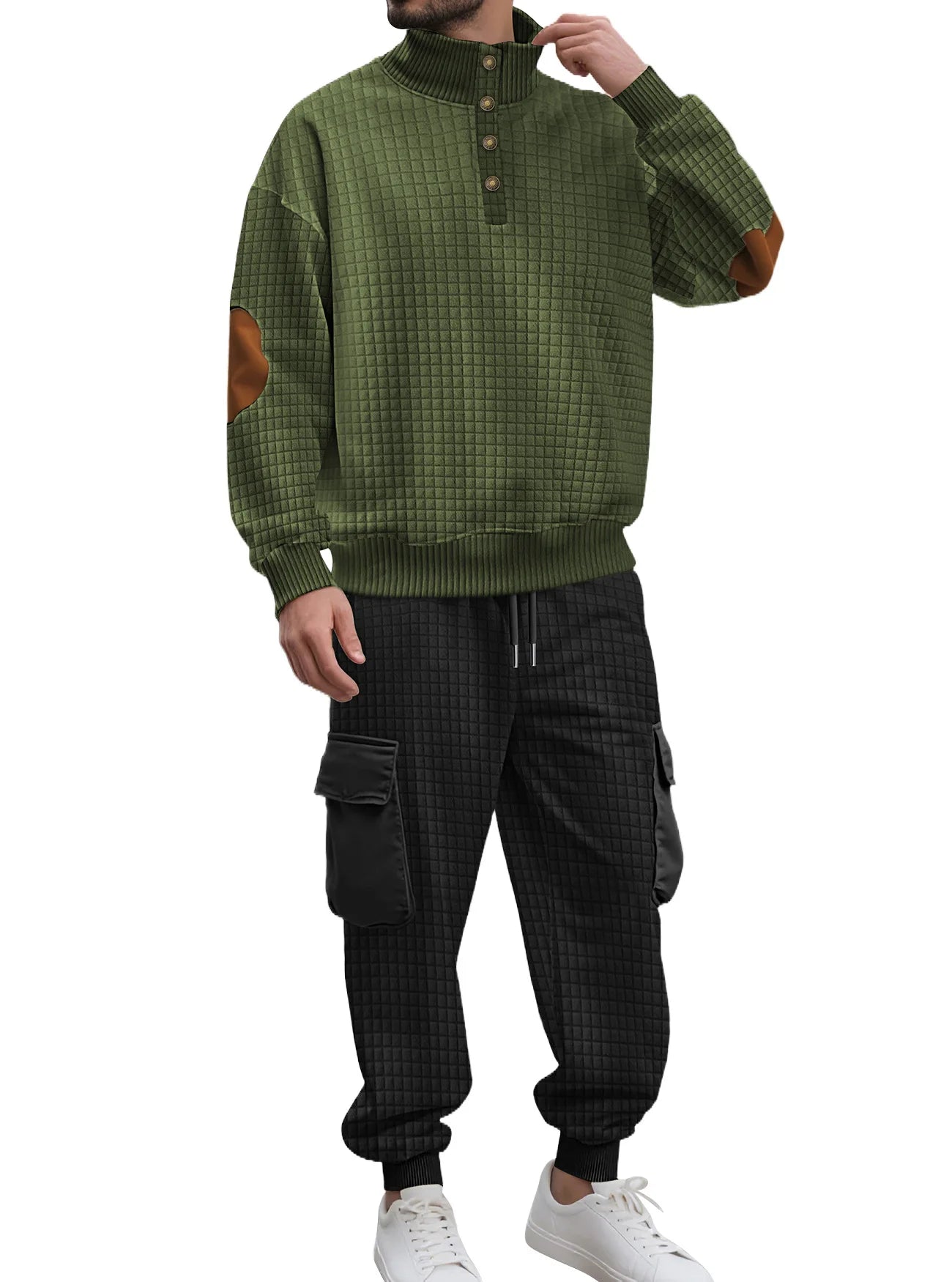 Casual Knitted Plaid irt And Pants Set with Button Sports Busin Pattern for Men All Seasons Long Sve Polyester Blend