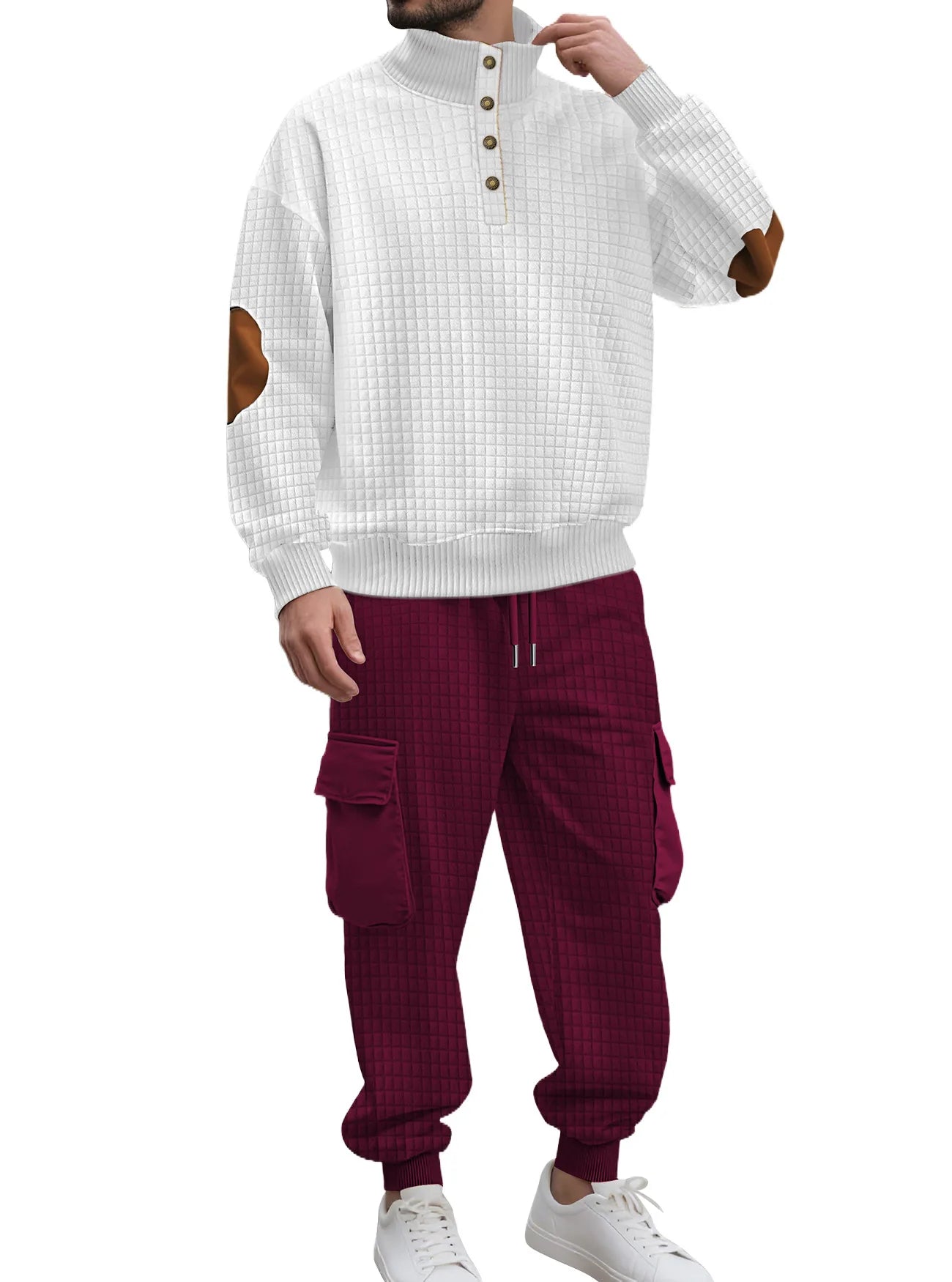 Casual Knitted Plaid irt And Pants Set with Button Sports Busin Pattern for Men All Seasons Long Sve Polyester Blend