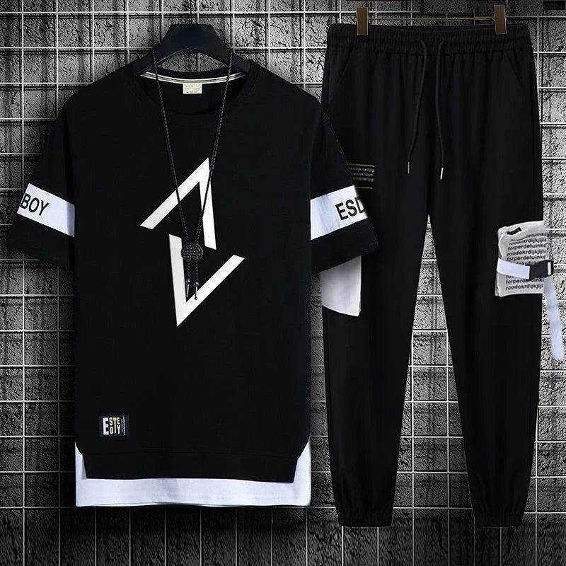 Pants Sets Graphic Top Black Tracksuit Sportswear Men's Clothing Jogging Sports Suits Fashion T Shirt Man Offer Trend Popular Xl