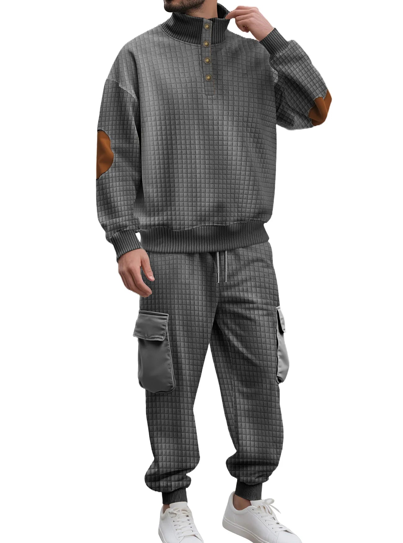 Casual Knitted Plaid irt And Pants Set with Button Sports Busin Pattern for Men All Seasons Long Sve Polyester Blend