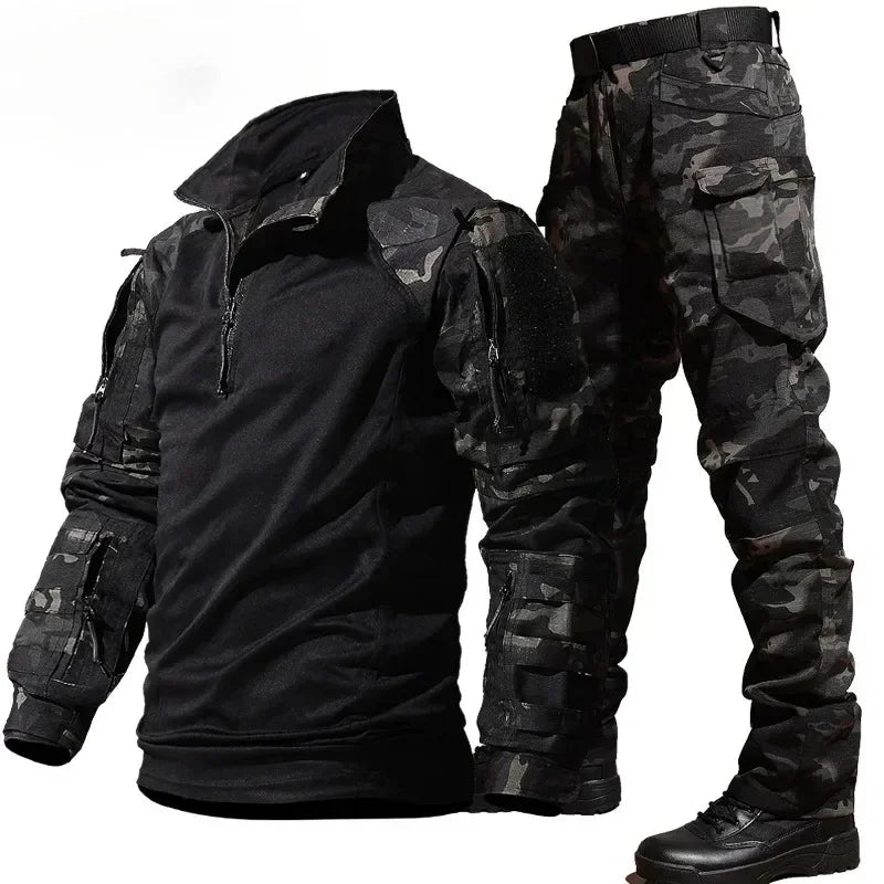 New Outdoor Tactical Sets Men Clothing Multi-Pocket Shirts +Straight Cargo Pant Hunting Suits Camo Wear-resisting Windproof Set