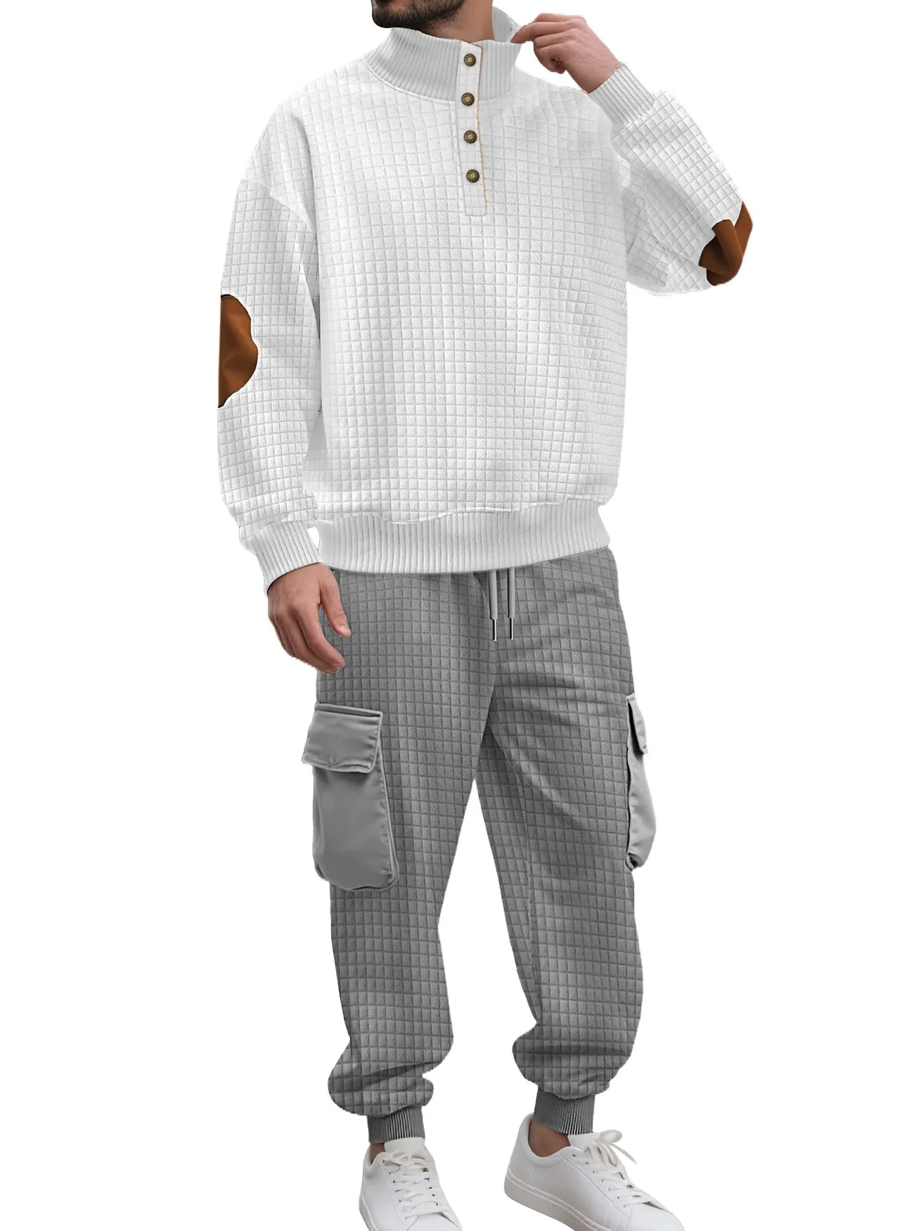 Casual Knitted Plaid irt And Pants Set with Button Sports Busin Pattern for Men All Seasons Long Sve Polyester Blend